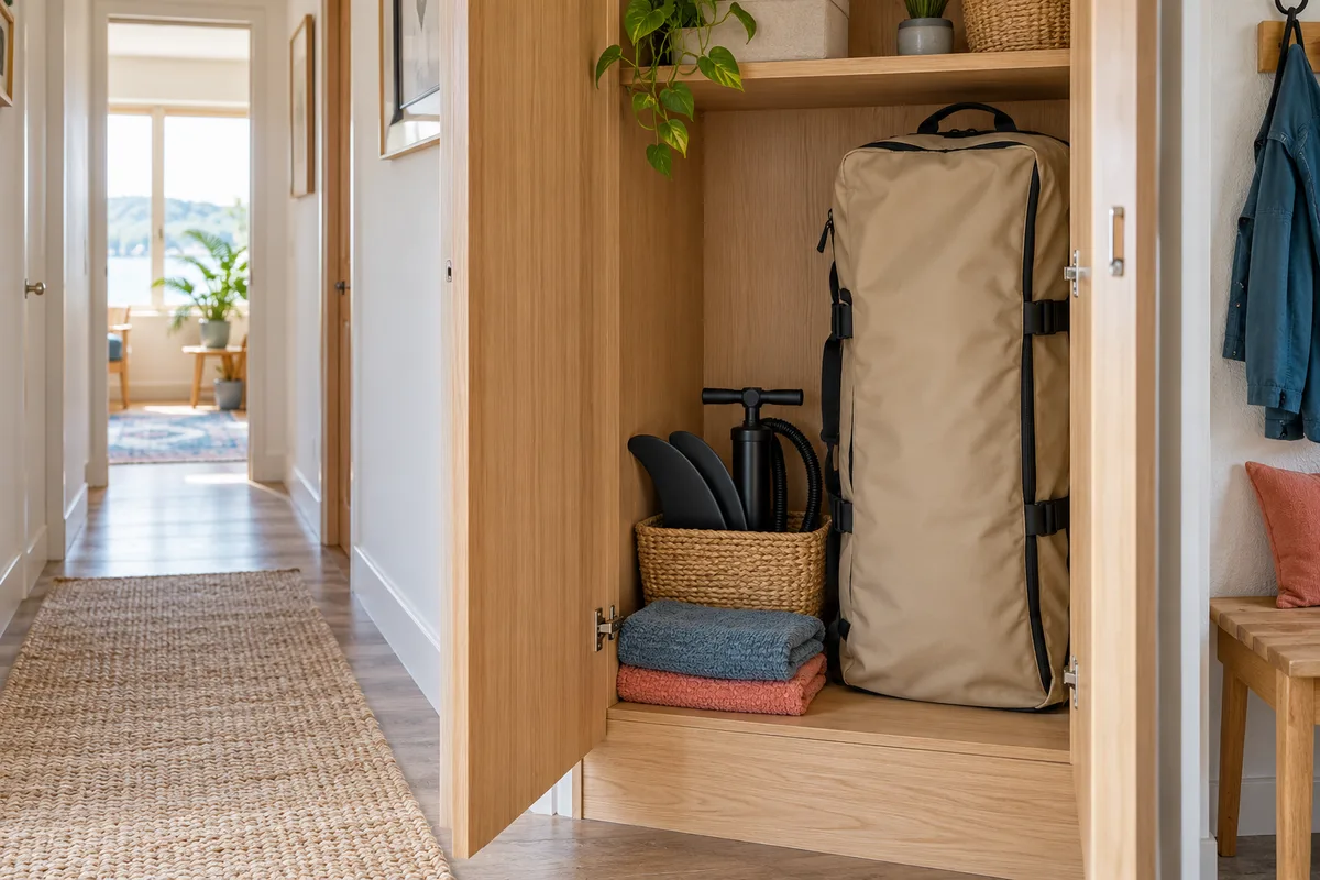 Illustrative packed paddleboard kit in a compact home