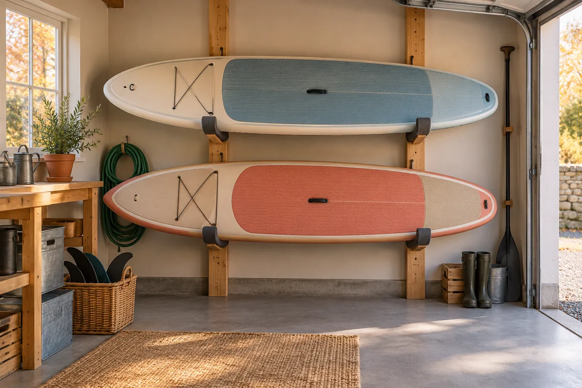 Illustrative paddleboard storage in a garage